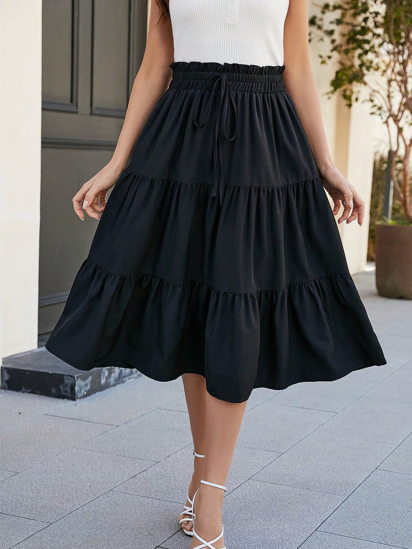 Women's Solid Color Layered Pleated Elastic Waist Vacation Skirt Black Spring