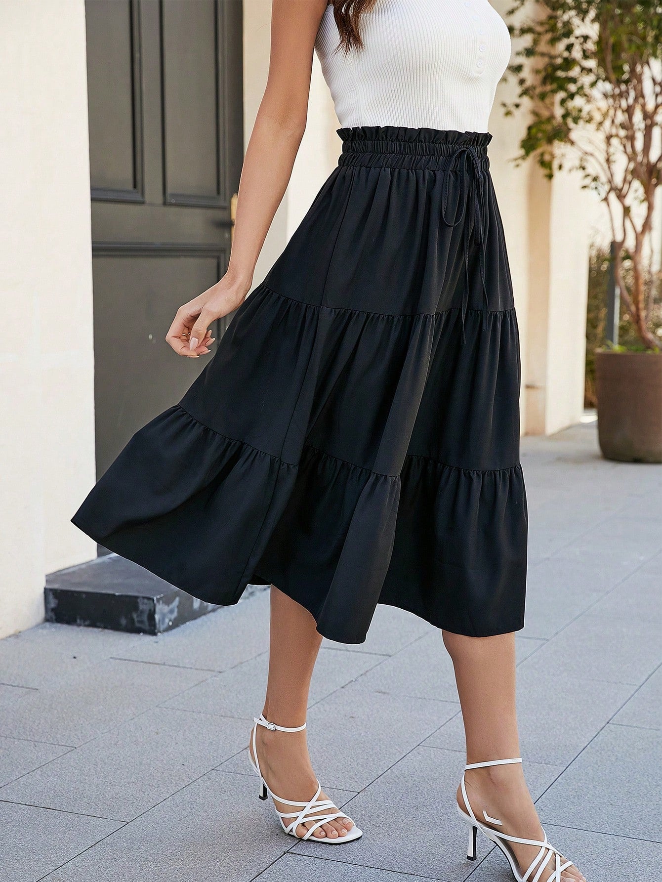 Women's Solid Color Layered Pleated Elastic Waist Vacation Skirt Black Spring