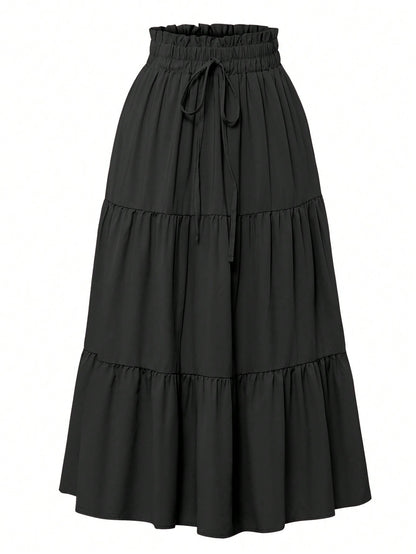 Women's Solid Color Layered Pleated Elastic Waist Vacation Skirt Black Spring