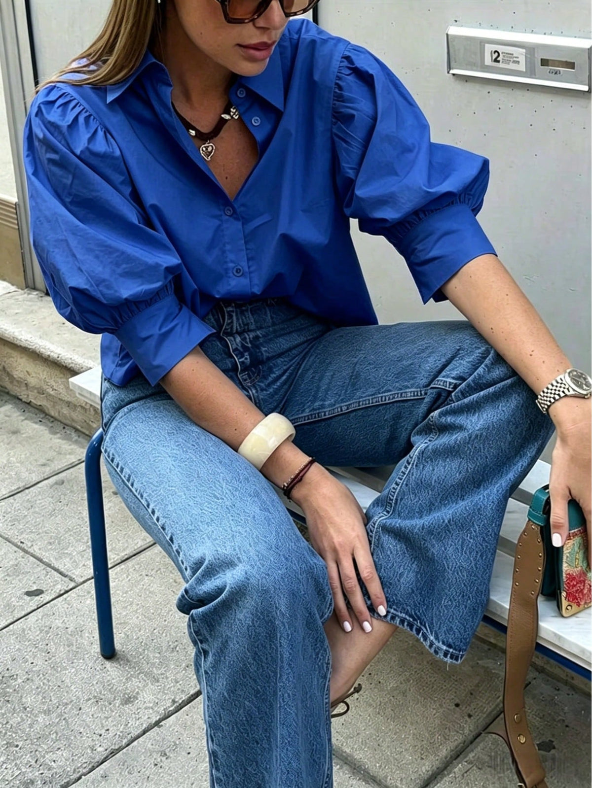 Women's Solid Color Mid-Sleeve Blouse, Puff Sleeve Design, Loose Fit, Vintage Casual, Suitable For Daily Wear, Dating, Business, Elegant Summer