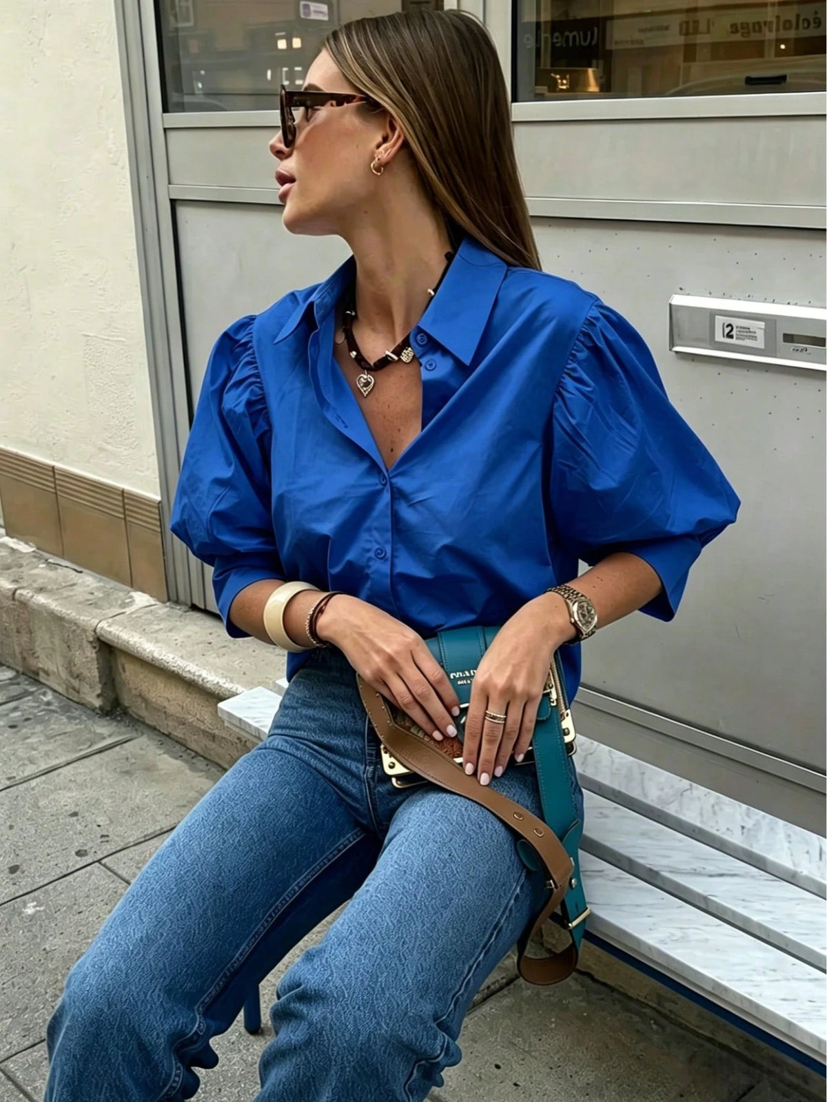 Women's Solid Color Mid-Sleeve Blouse, Puff Sleeve Design, Loose Fit, Vintage Casual, Suitable For Daily Wear, Dating, Business, Elegant Summer