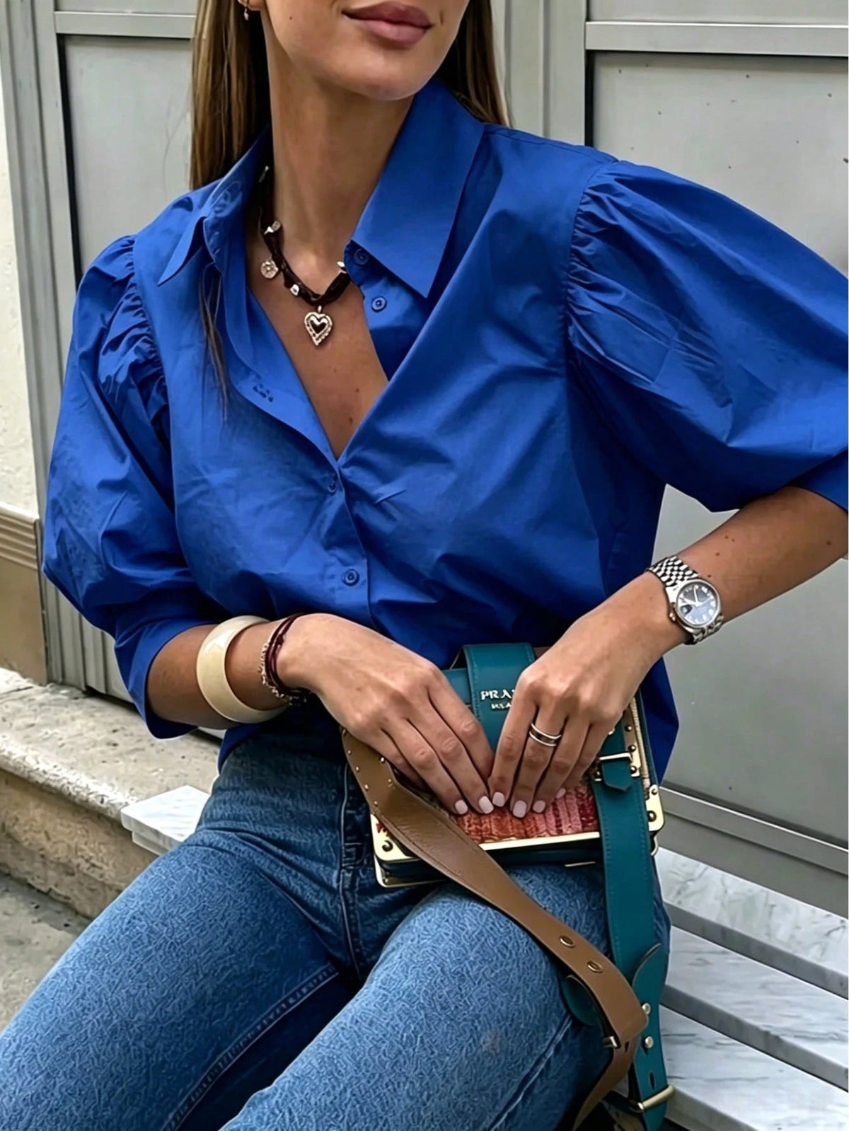 Women's Solid Color Mid-Sleeve Blouse, Puff Sleeve Design, Loose Fit, Vintage Casual, Suitable For Daily Wear, Dating, Business, Elegant Summer