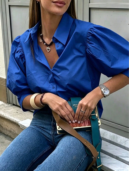 Women's Solid Color Mid-Sleeve Blouse, Puff Sleeve Design, Loose Fit, Vintage Casual, Suitable For Daily Wear, Dating, Business, Elegant Summer