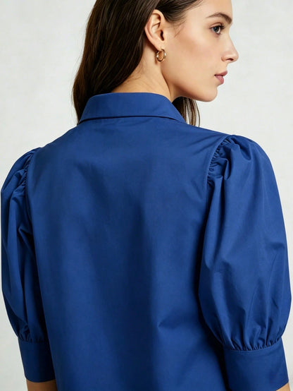 Women's Solid Color Mid-Sleeve Blouse, Puff Sleeve Design, Loose Fit, Vintage Casual, Suitable For Daily Wear, Dating, Business, Elegant Summer