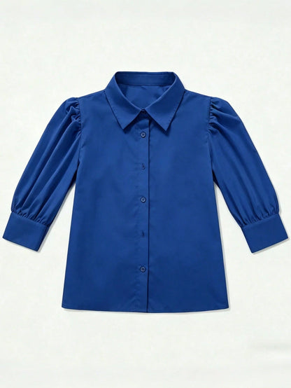 Women's Solid Color Mid-Sleeve Blouse, Puff Sleeve Design, Loose Fit, Vintage Casual, Suitable For Daily Wear, Dating, Business, Elegant Summer