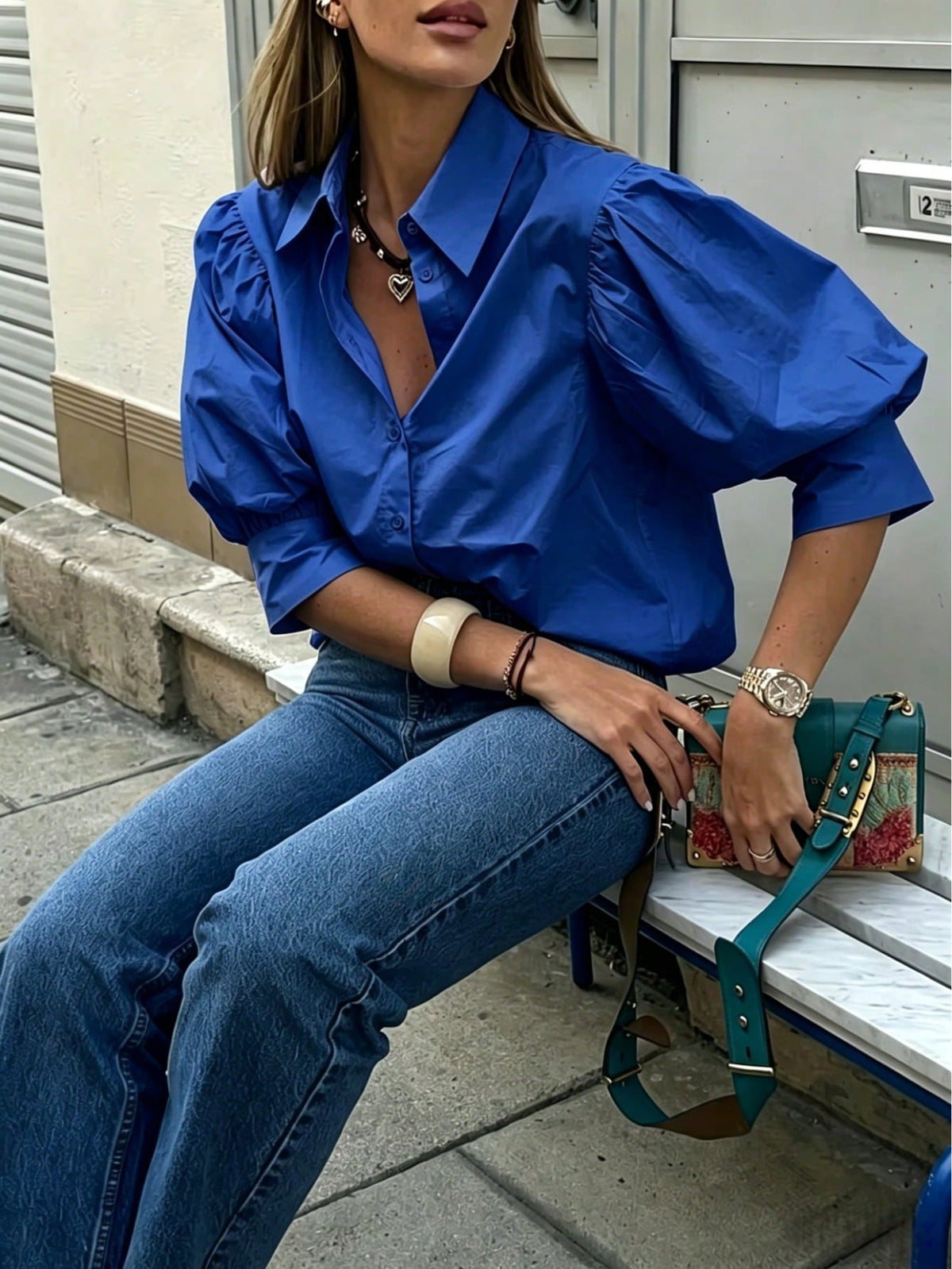Women's Solid Color Mid-Sleeve Blouse, Puff Sleeve Design, Loose Fit, Vintage Casual, Suitable For Daily Wear, Dating, Business, Elegant Summer