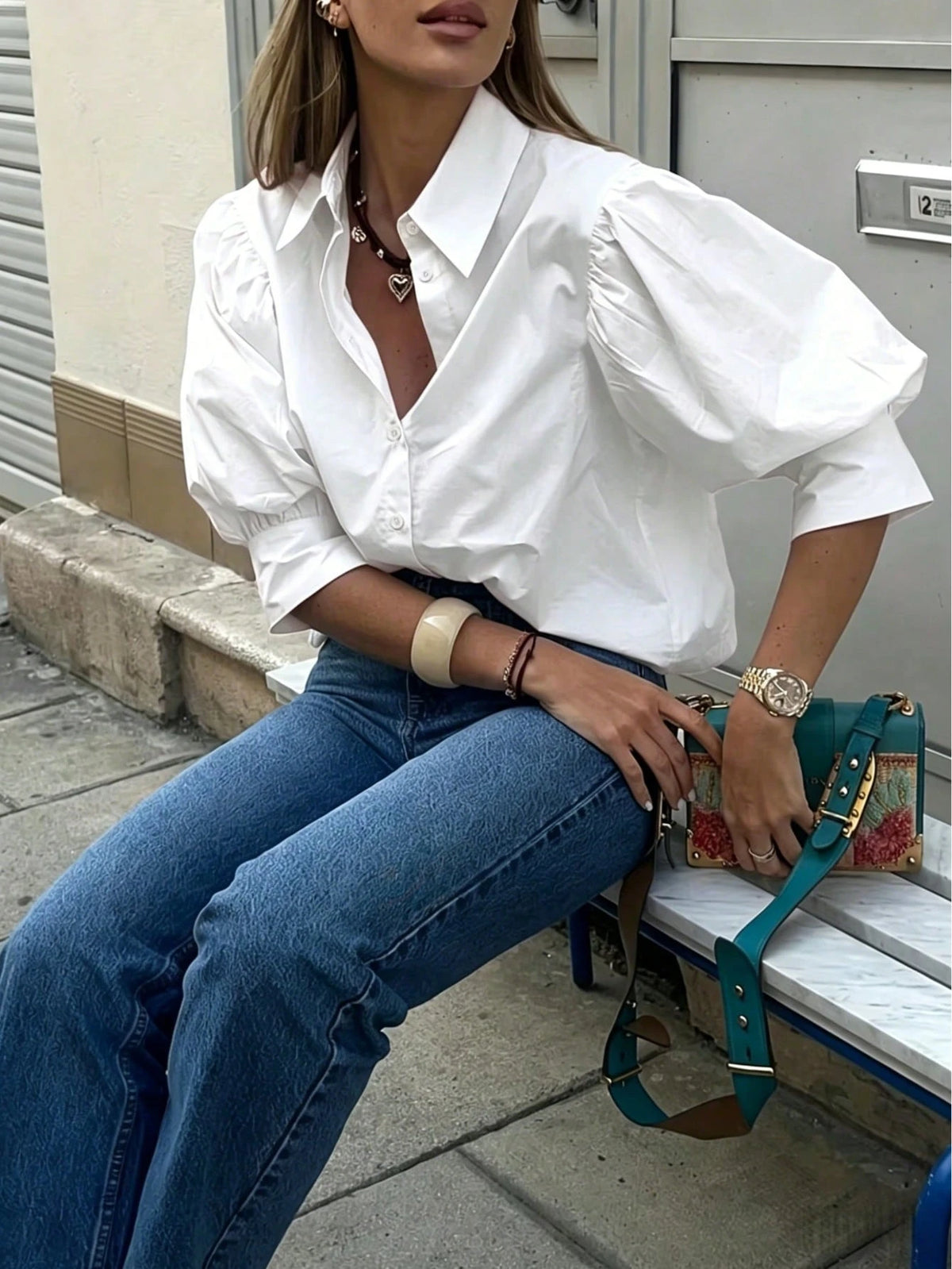 Women's Solid Color Mid-Sleeve Blouse, Puff Sleeve Design Loose Fit Vintage Casual Suitable For Daily Wear, Dating, Business, Elegant White Summer