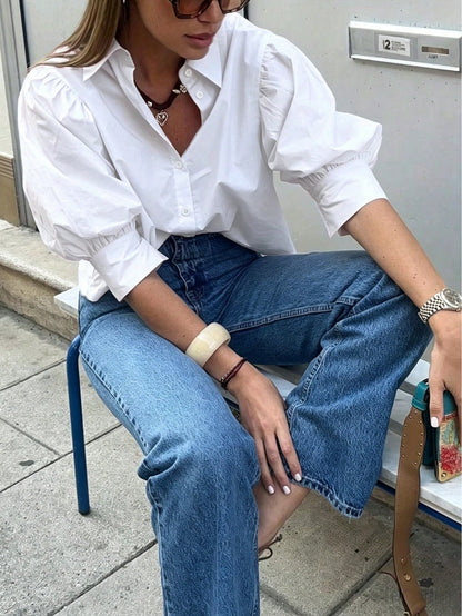 Women's Solid Color Mid-Sleeve Blouse, Puff Sleeve Design Loose Fit Vintage Casual Suitable For Daily Wear, Dating, Business, Elegant White Summer