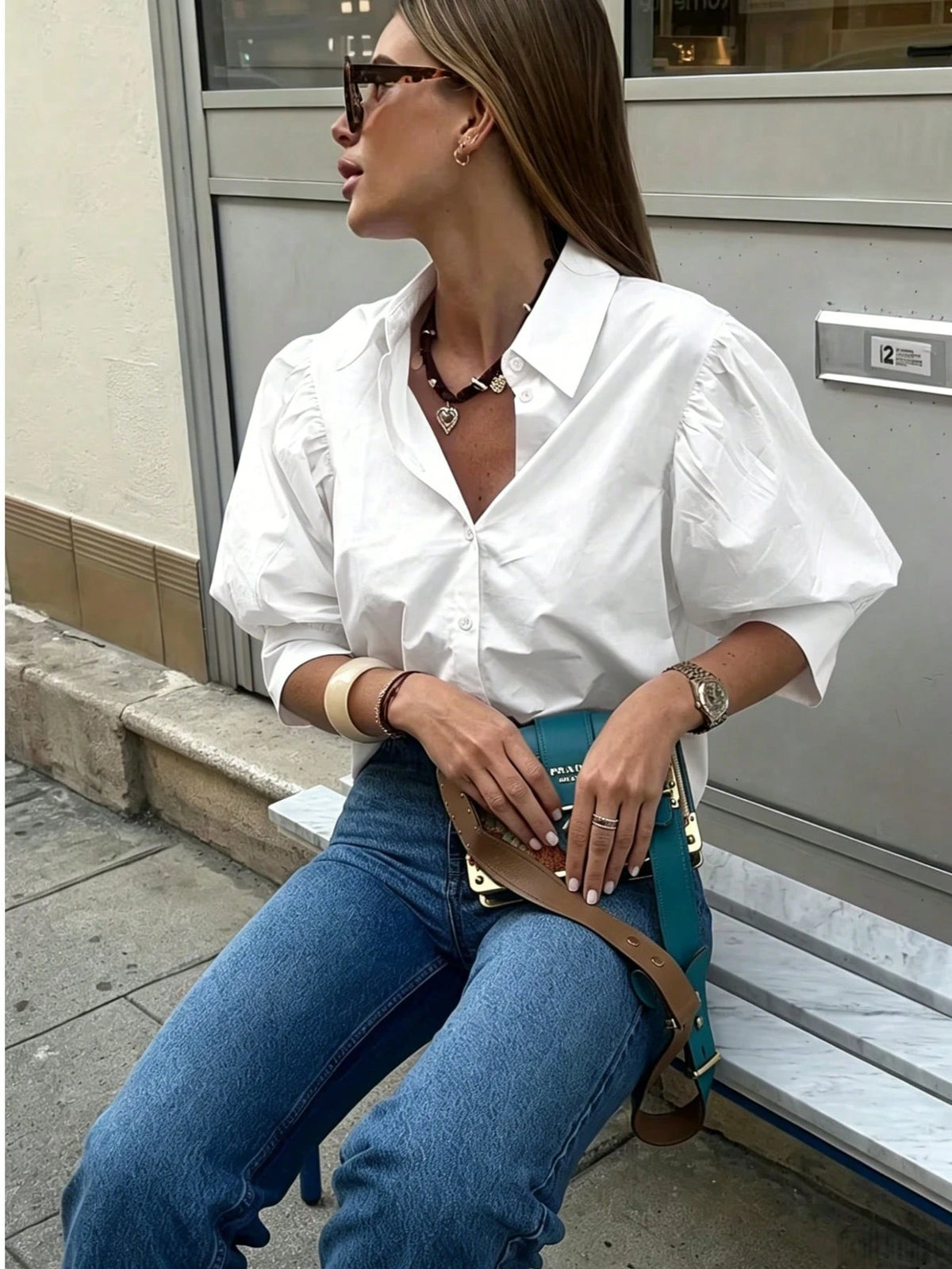 Women's Solid Color Mid-Sleeve Blouse, Puff Sleeve Design Loose Fit Vintage Casual Suitable For Daily Wear, Dating, Business, Elegant White Summer