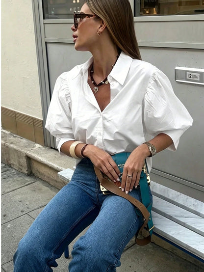Women's Solid Color Mid-Sleeve Blouse, Puff Sleeve Design Loose Fit Vintage Casual Suitable For Daily Wear, Dating, Business, Elegant White Summer