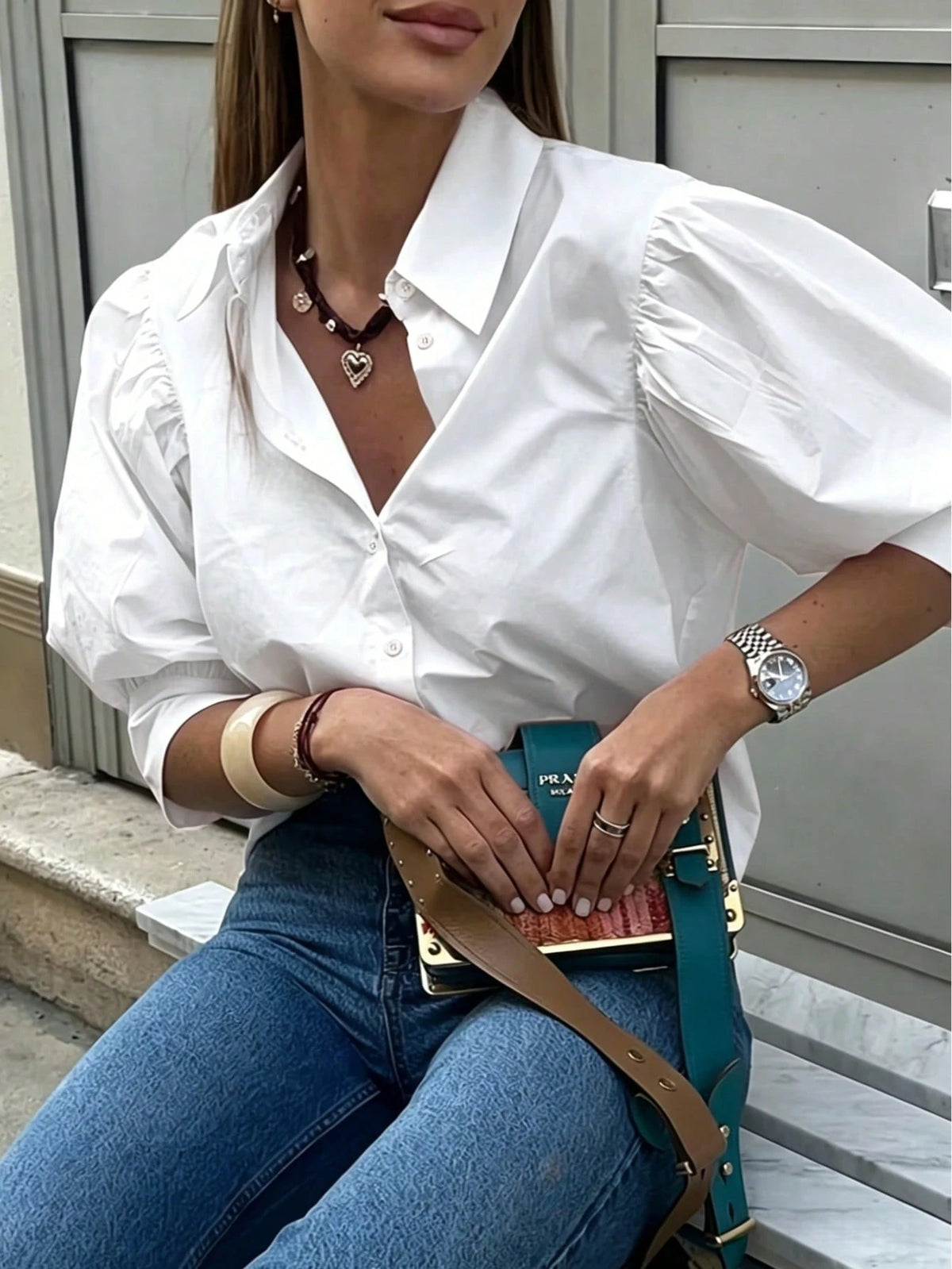 Women's Solid Color Mid-Sleeve Blouse, Puff Sleeve Design Loose Fit Vintage Casual Suitable For Daily Wear, Dating, Business, Elegant White Summer