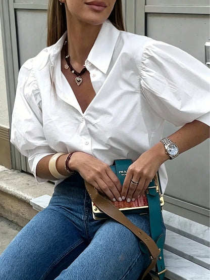 Women's Solid Color Mid-Sleeve Blouse, Puff Sleeve Design Loose Fit Vintage Casual Suitable For Daily Wear, Dating, Business, Elegant White Summer