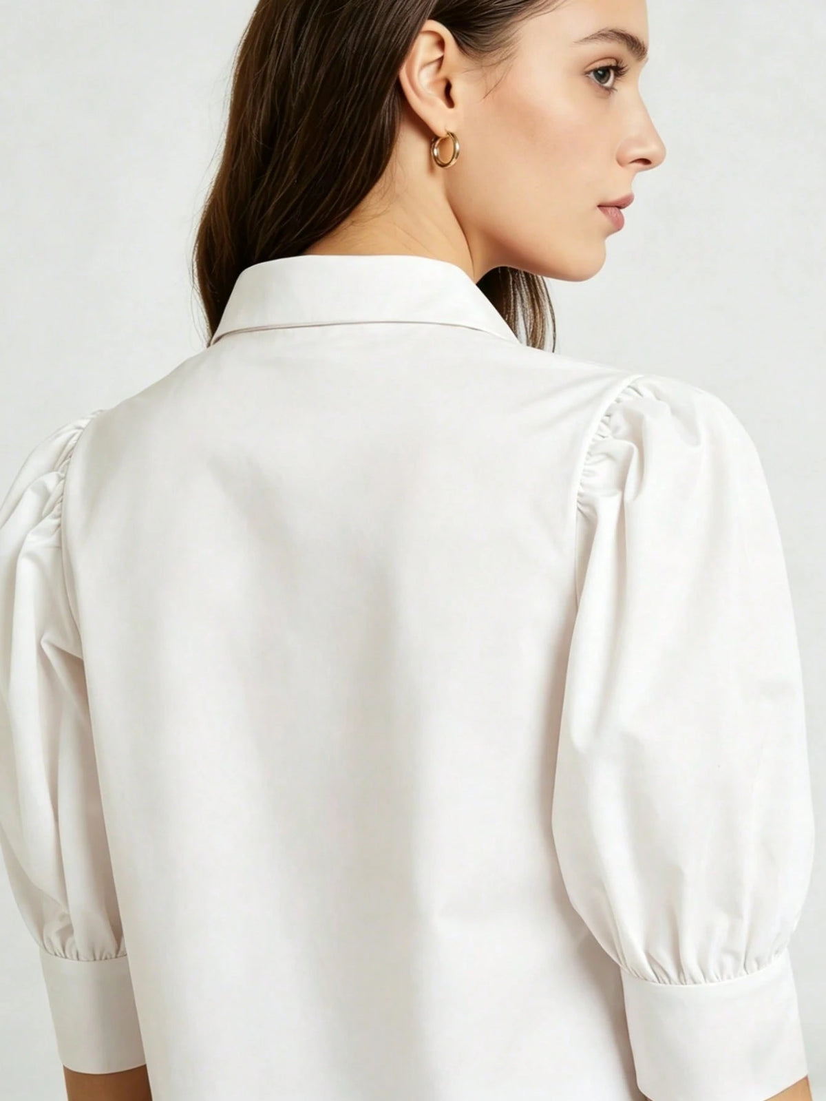 Women's Solid Color Mid-Sleeve Blouse, Puff Sleeve Design Loose Fit Vintage Casual Suitable For Daily Wear, Dating, Business, Elegant White Summer