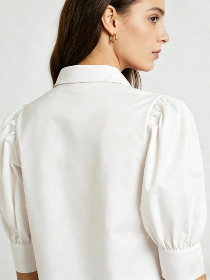 Women's Solid Color Mid-Sleeve Blouse, Puff Sleeve Design Loose Fit Vintage Casual Suitable For Daily Wear, Dating, Business, Elegant White Summer