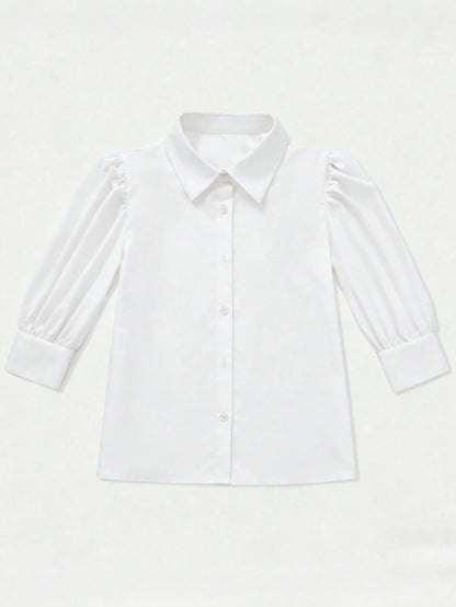 Women's Solid Color Mid-Sleeve Blouse, Puff Sleeve Design Loose Fit Vintage Casual Suitable For Daily Wear, Dating, Business, Elegant White Summer