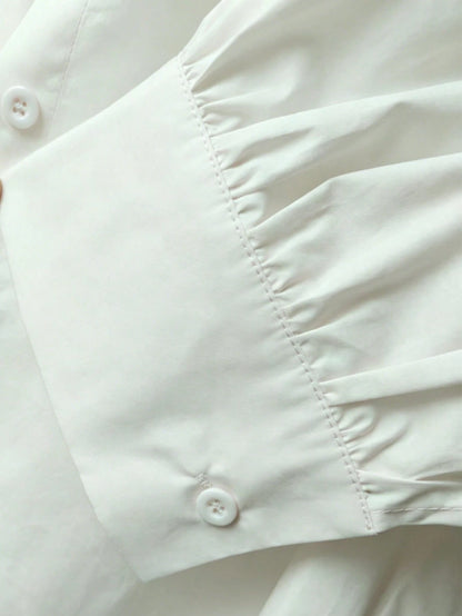 Women's Solid Color Mid-Sleeve Blouse, Puff Sleeve Design Loose Fit Vintage Casual Suitable For Daily Wear, Dating, Business, Elegant White Summer