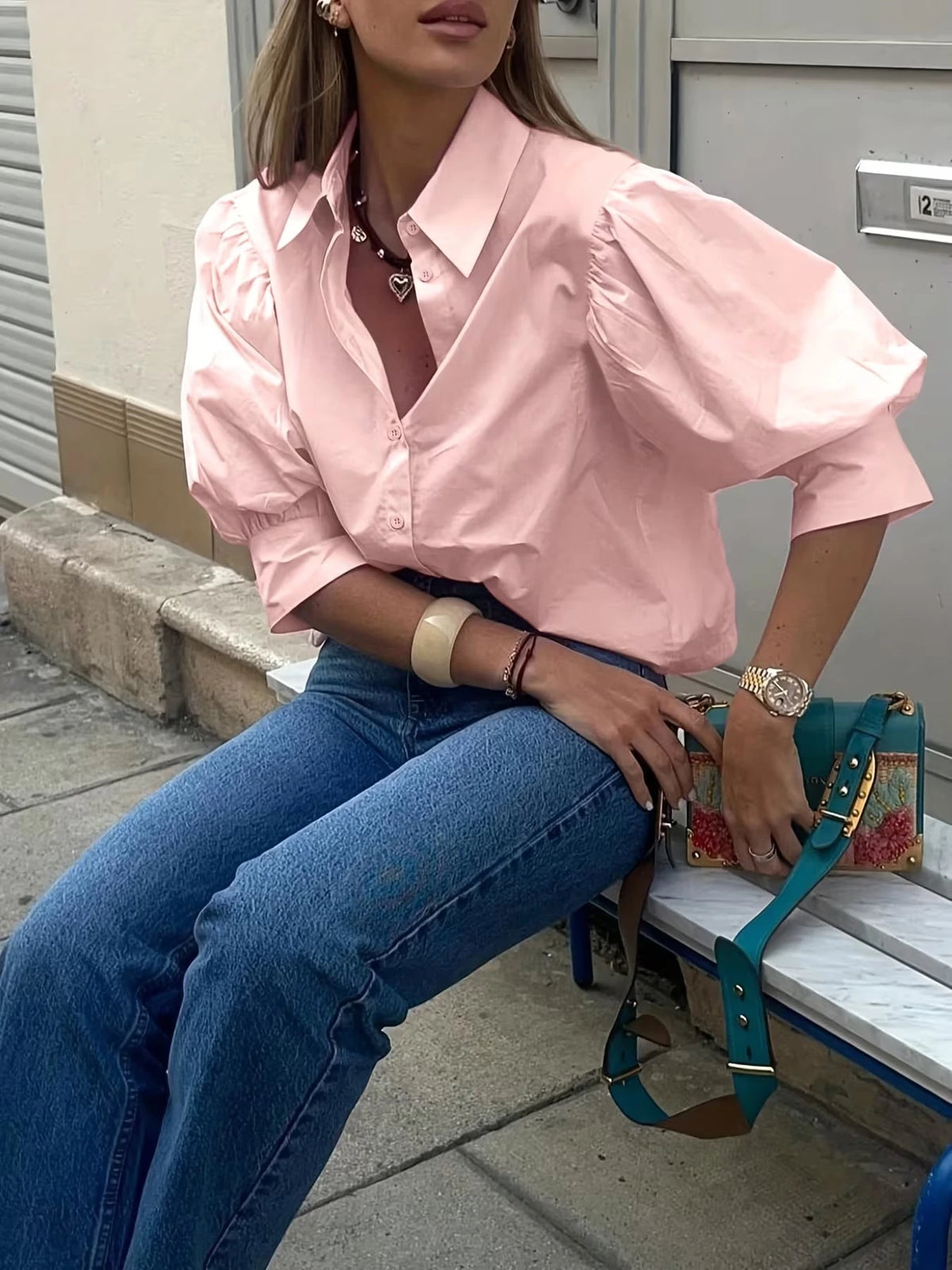 Women's Solid Color Mid-Sleeve Blouse, Puff Sleeve Design Loose Fit Vintage Casual Suitable For Daily Wear, Dating, Business, Elegant White Summer