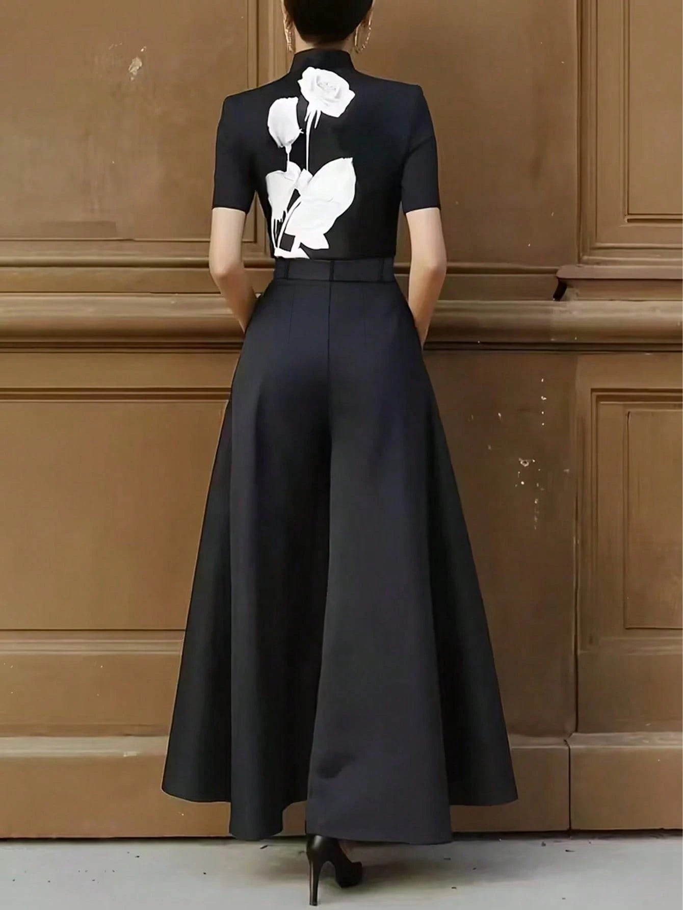 Women's Solid Color Pleated Pocket Wide Leg Loose Casual Pants Black Spring