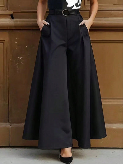 Women's Solid Color Pleated Pocket Wide Leg Loose Casual Pants Black Spring