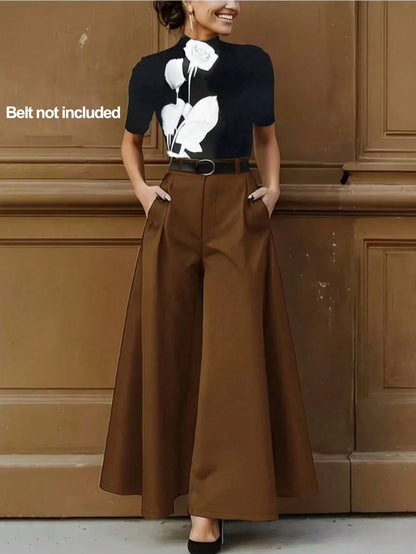 Women's Solid Color Pleated Pocket Wide Leg Loose Casual Pants Black Spring