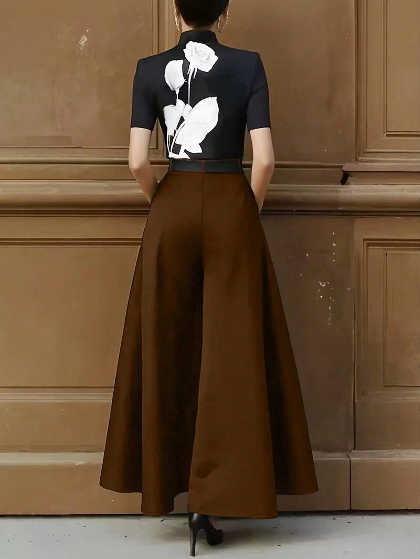 Women's Solid Color Pleated Pocket Wide Leg Loose Casual Pants Black Spring