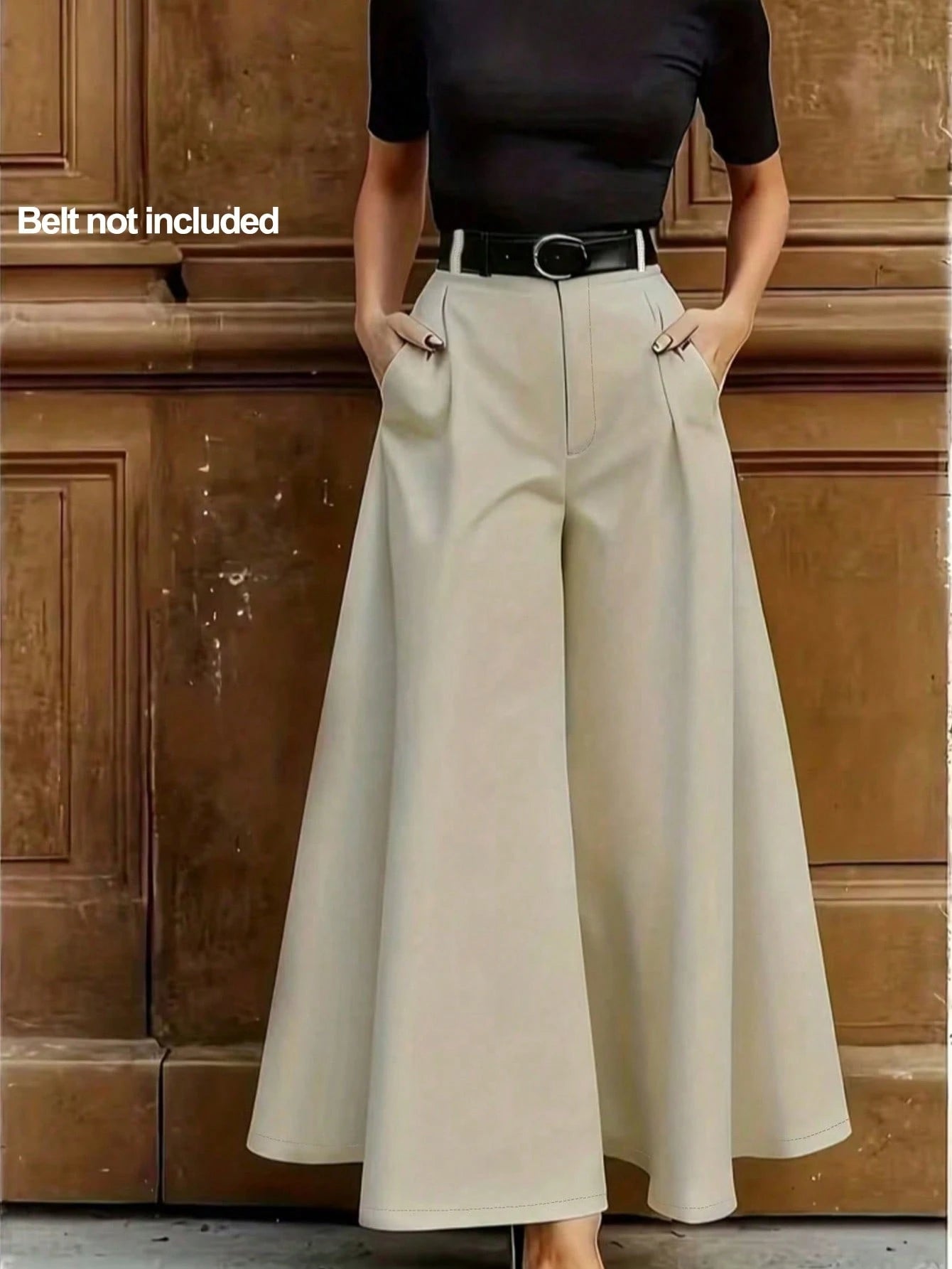 Women's Solid Color Pleated Pocket Wide Leg Loose Casual Pants Black Spring