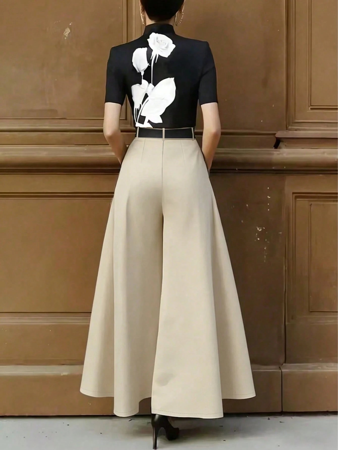 Women's Solid Color Pleated Pocket Wide Leg Loose Casual Pants Black Spring