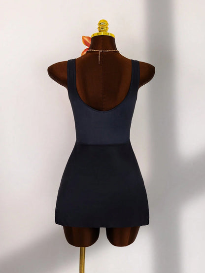 Women's Solid Color Round Neck Beach Holiday Swimwear Dress, Summer Swim Dress