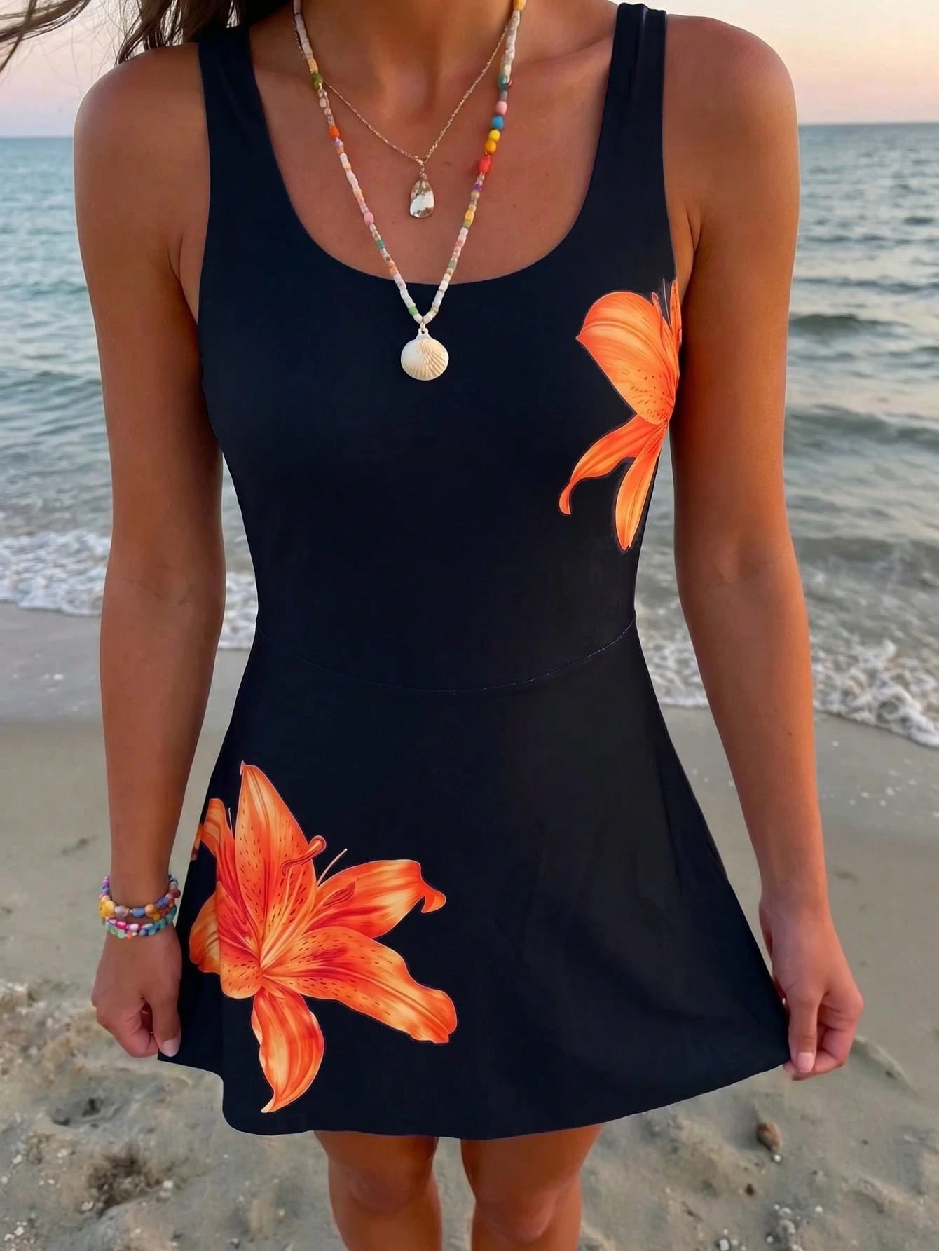 Women's Solid Color Round Neck Beach Holiday Swimwear Dress, Summer Swim Dress