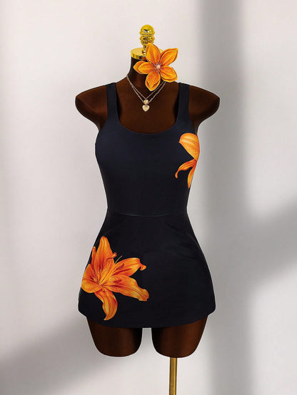 Women's Solid Color Round Neck Beach Holiday Swimwear Dress, Summer Swim Dress
