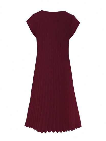 Women's Solid Color Round Neck Casual Loose Pleated Dress Elegant Summer