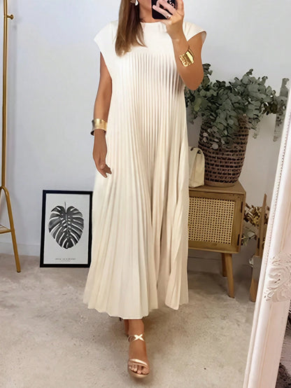 Women's Solid Color Round Neck Casual Loose Pleated Dress Elegant Summer