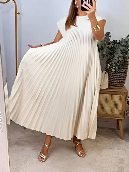 Women's Solid Color Round Neck Casual Loose Pleated Dress Elegant Summer