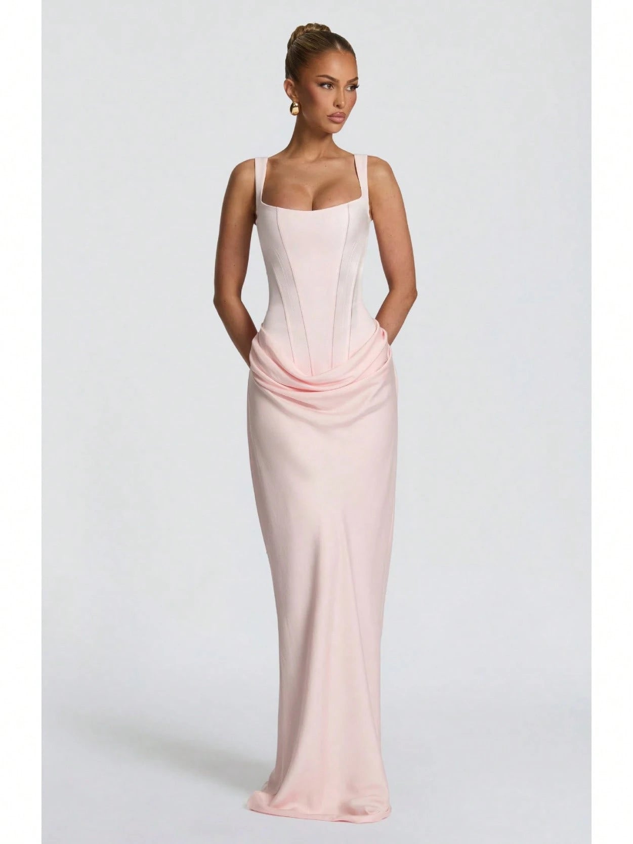 Women's Solid Color Sexy Bodycon Dress, Sleeveless Square Neck Ruched Maxi Gown, Elegant Formal Evening Party Dress