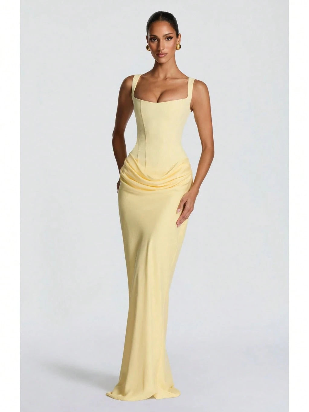 Women's Solid Color Sexy Bodycon Dress, Sleeveless Square Neck Ruched Maxi Gown, Elegant Formal Evening Party Dress