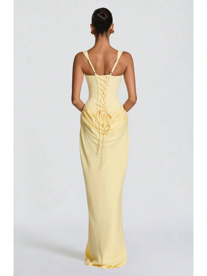 Women's Solid Color Sexy Bodycon Dress, Sleeveless Square Neck Ruched Maxi Gown, Elegant Formal Evening Party Dress