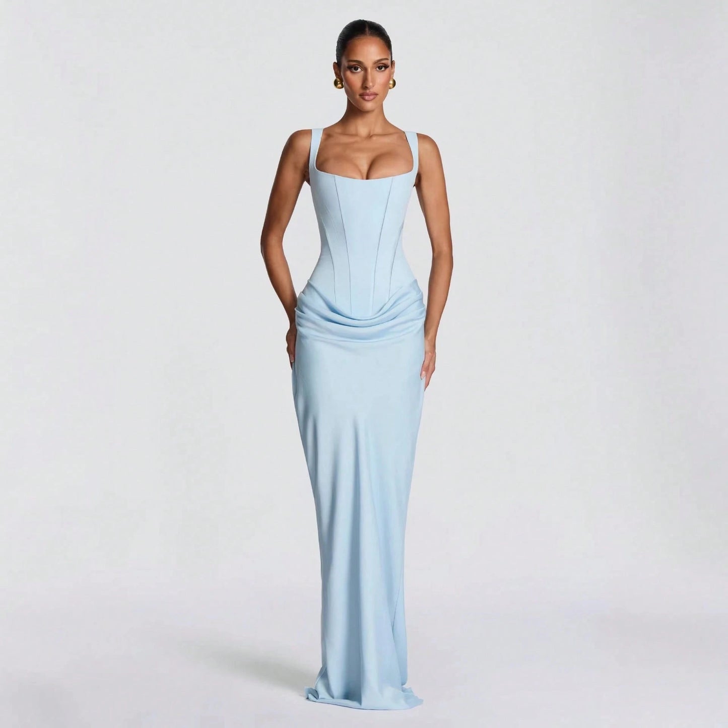 Women's Solid Color Sexy Bodycon Dress, Sleeveless Square Neck Ruched Maxi Gown, Elegant Formal Evening Party Dress