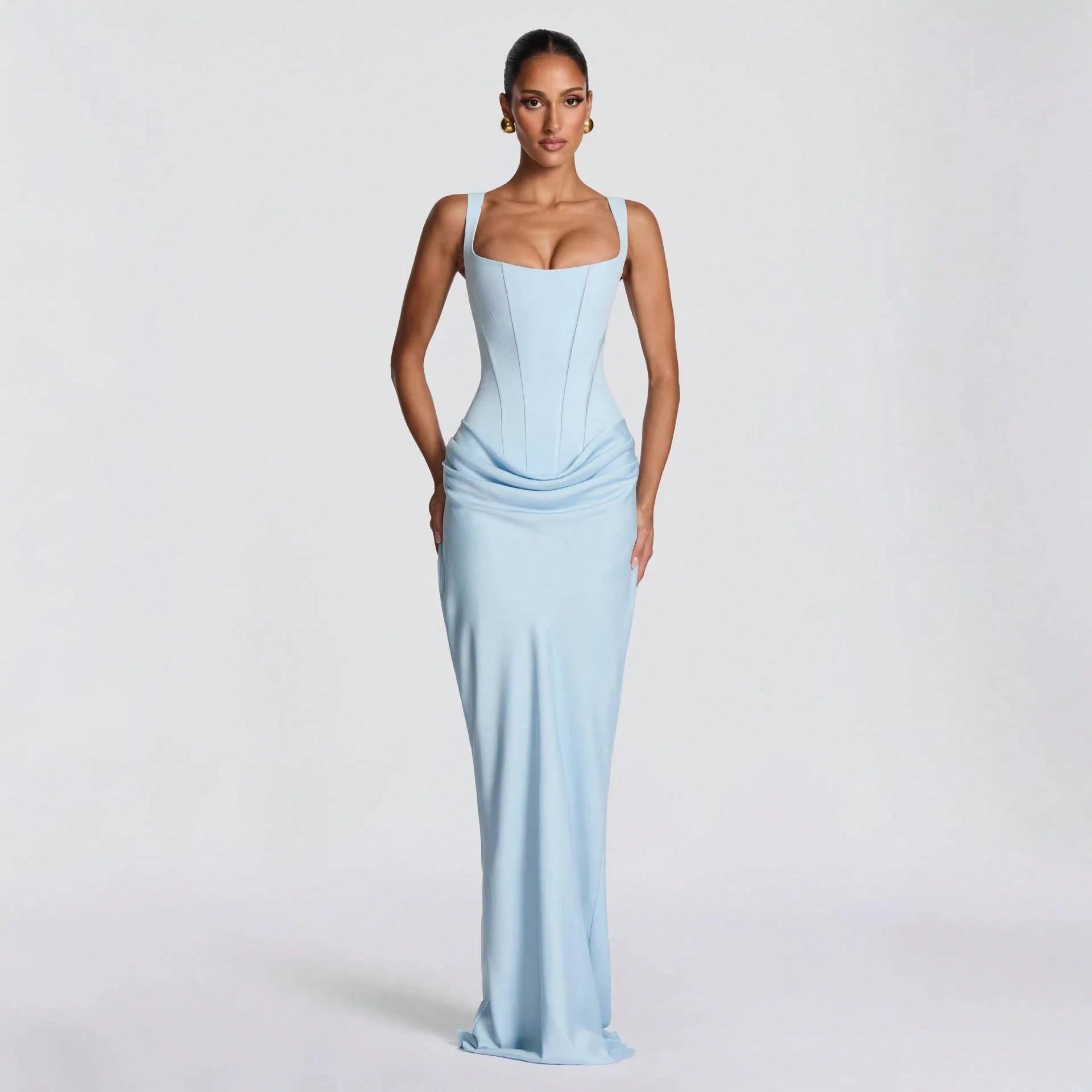 Women's Solid Color Sexy Bodycon Dress, Sleeveless Square Neck Ruched Maxi Gown, Elegant Formal Evening Party Dress