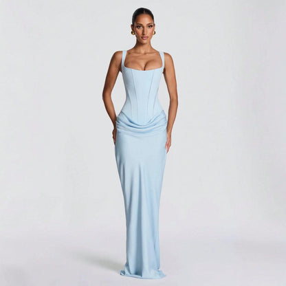 Women's Solid Color Sexy Bodycon Dress, Sleeveless Square Neck Ruched Maxi Gown, Elegant Formal Evening Party Dress