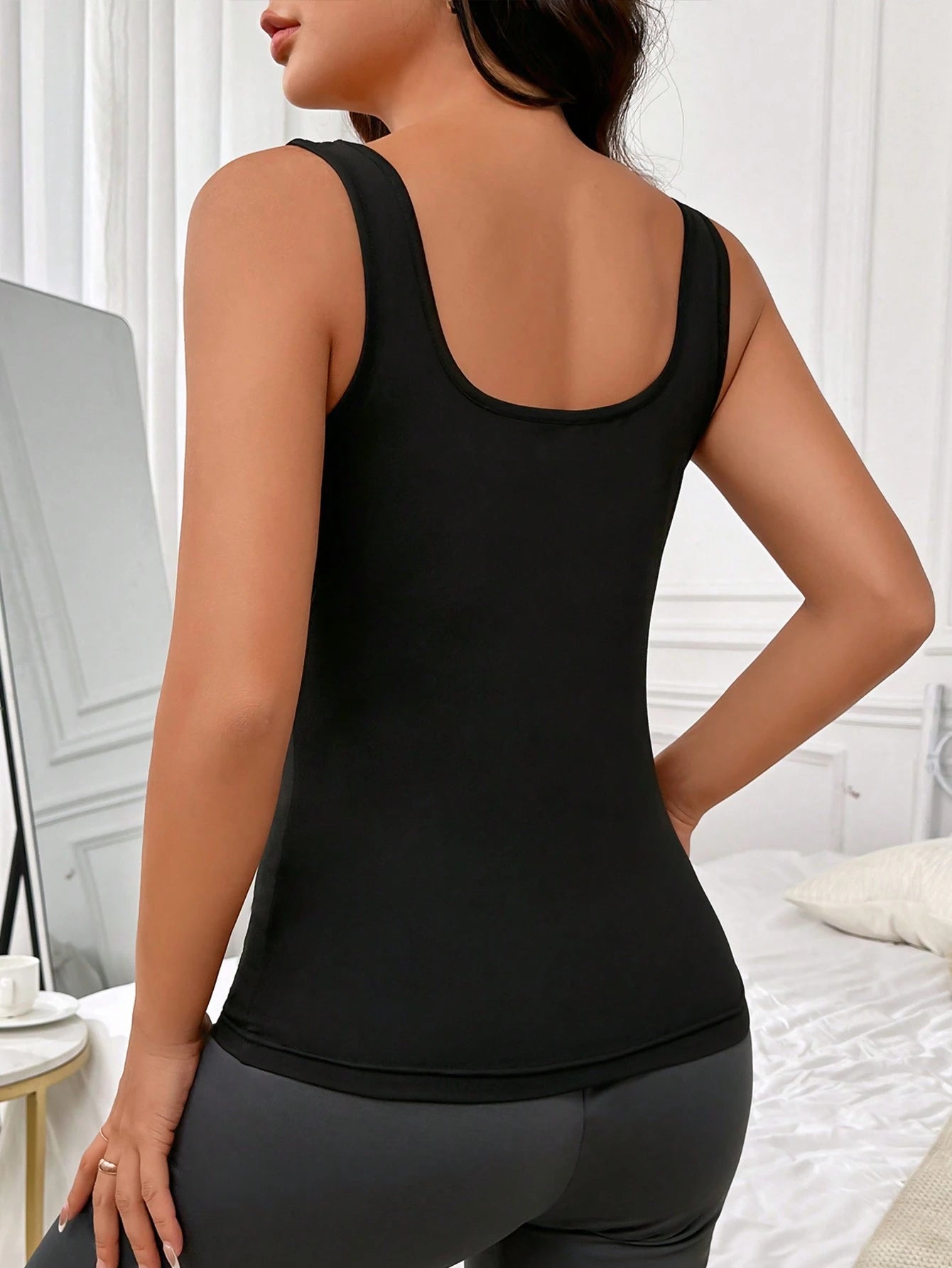 Women's Solid Color Square Neck Casual Thermal Underwear Tank Top, Fall/ Winter