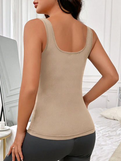 Women's Solid Color Square Neck Casual Thermal Underwear Tank Top, Fall/ Winter