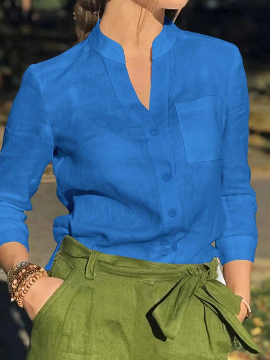 Women's Solid V Neck Button Down Shirt, Long Sleeve Casual Elegant Blouse With Pocket, Daily, Holiday, Travel, Spring Summer Fall Winter Essential