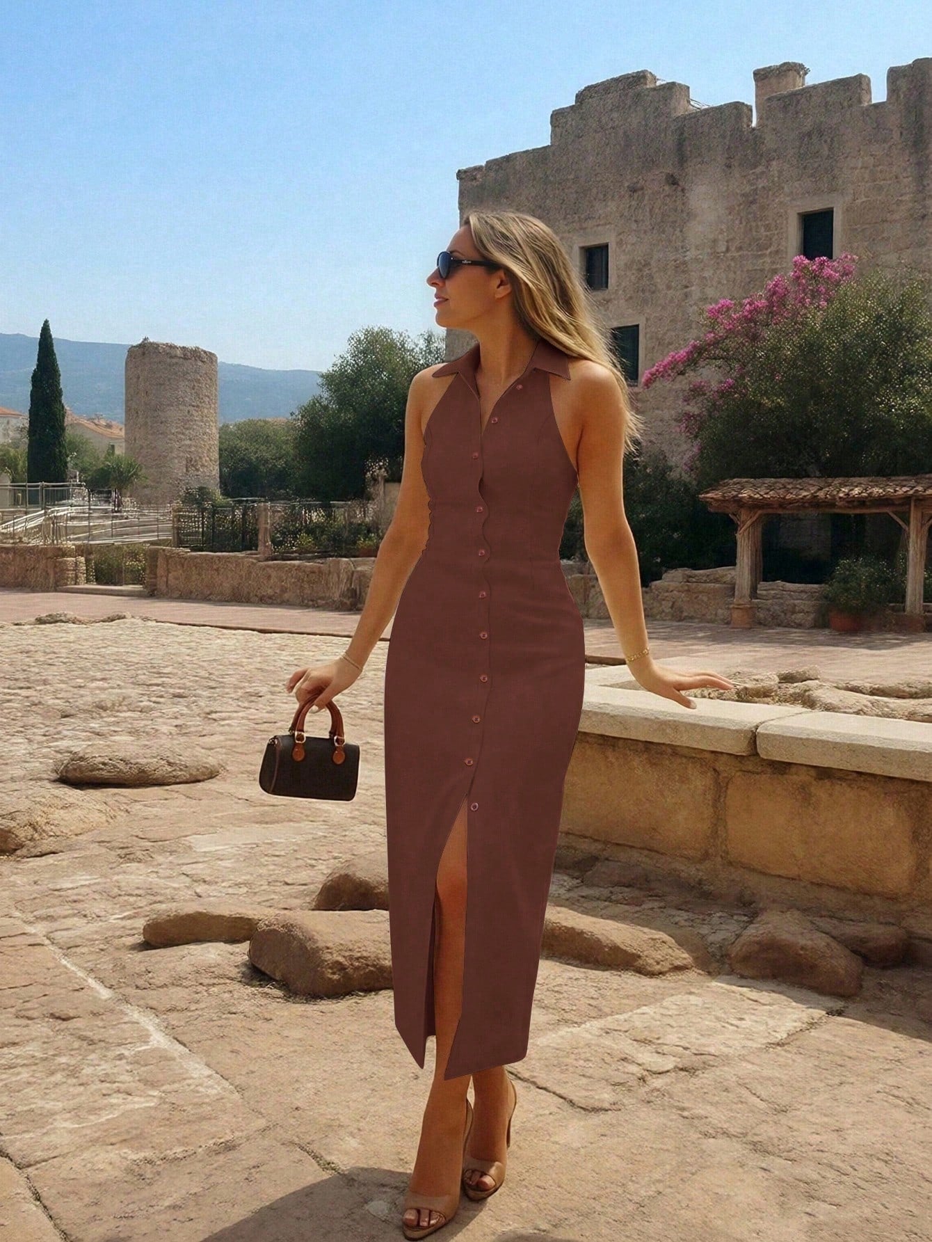 Women's Spring Summer Autumn Elegant Fashion Solid Color Halter Neck Front Slit Single-Breasted Long Bodycon Dress, Elegant Lapel Cardigan Sexy Slim Fit Solid Color Maxi Dress