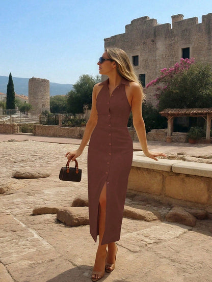 Women's Spring Summer Autumn Elegant Fashion Solid Color Halter Neck Front Slit Single-Breasted Long Bodycon Dress, Elegant Lapel Cardigan Sexy Slim Fit Solid Color Maxi Dress