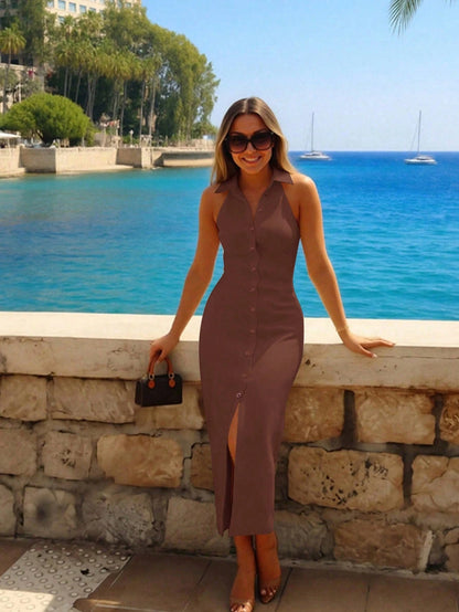Women's Spring Summer Autumn Elegant Fashion Solid Color Halter Neck Front Slit Single-Breasted Long Bodycon Dress, Elegant Lapel Cardigan Sexy Slim Fit Solid Color Maxi Dress