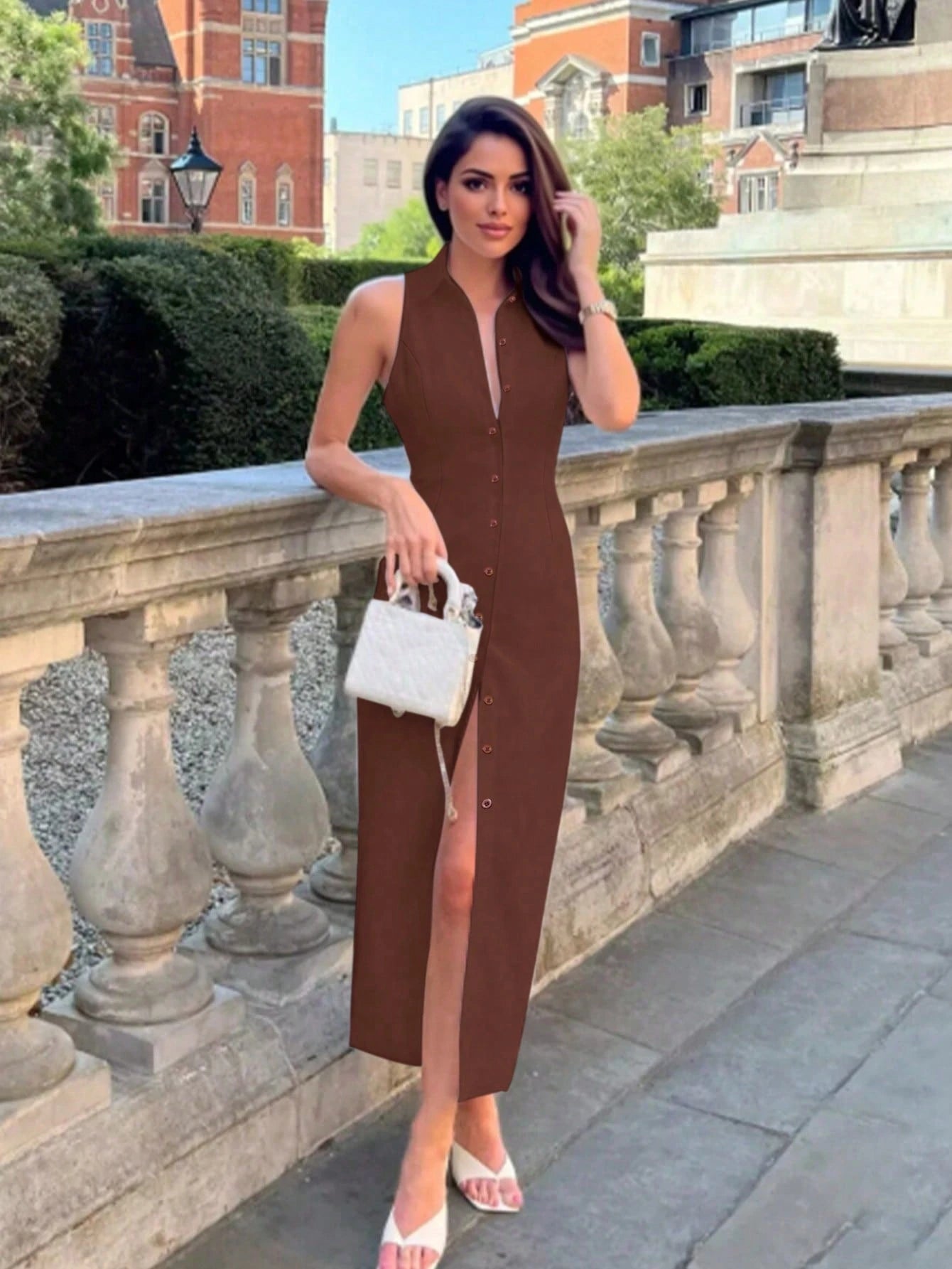 Women's Spring Summer Autumn Elegant Fashion Solid Color Halter Neck Front Slit Single-Breasted Long Bodycon Dress, Elegant Lapel Cardigan Sexy Slim Fit Solid Color Maxi Dress