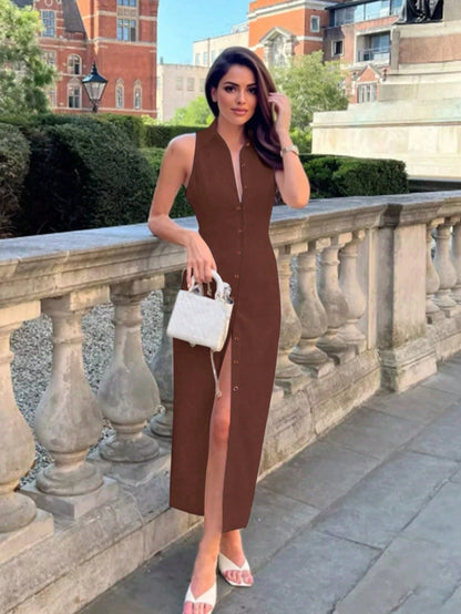 Women's Spring Summer Autumn Elegant Fashion Solid Color Halter Neck Front Slit Single-Breasted Long Bodycon Dress, Elegant Lapel Cardigan Sexy Slim Fit Solid Color Maxi Dress