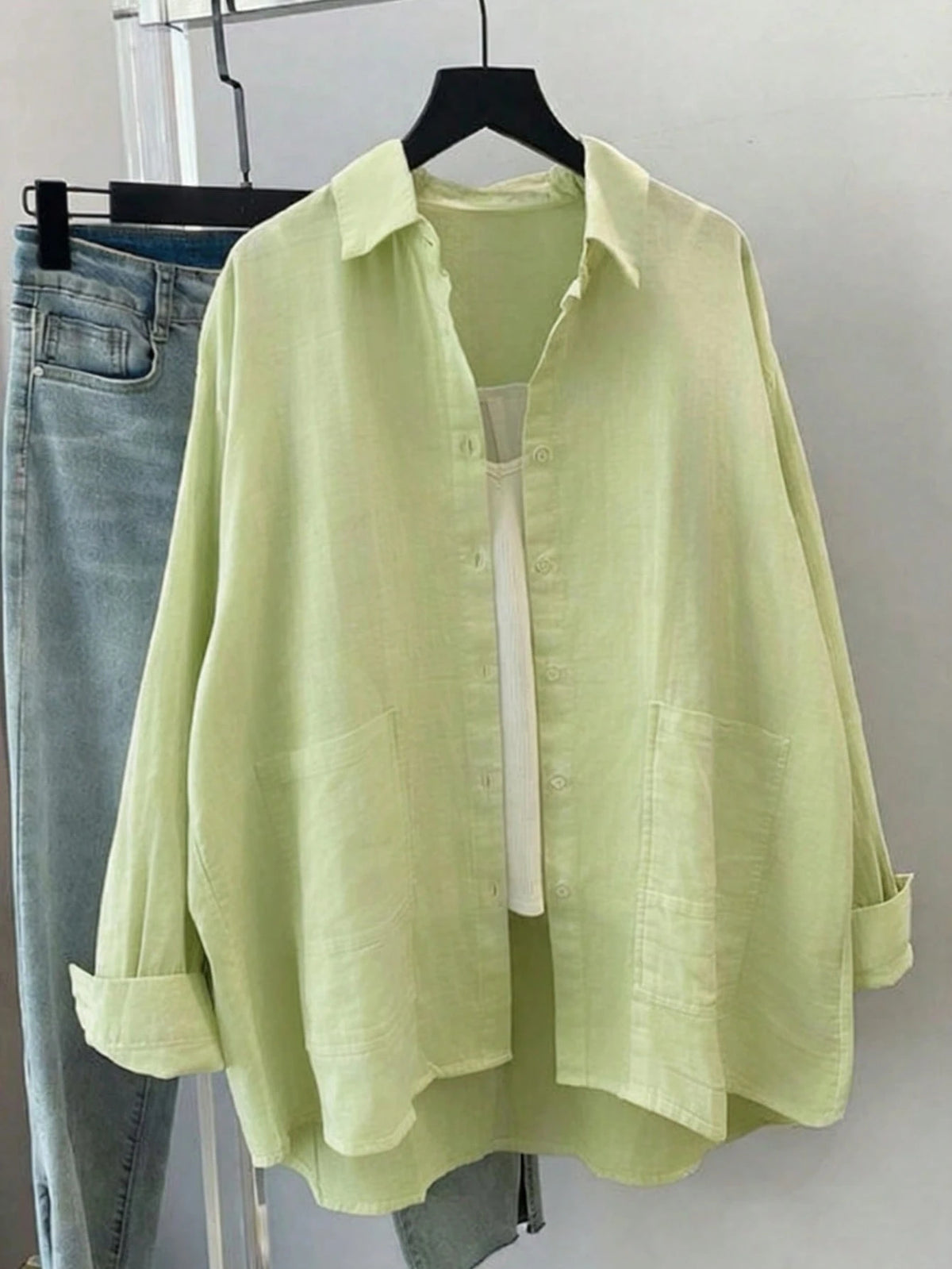 Women's Spring/Summer Solid Color Loose Casual Long Sleeve Shirt, Featuring Dropped Shoulder Design, Shirt Collar And Front Pocket, Woven Fabric For Casual Daily Look.