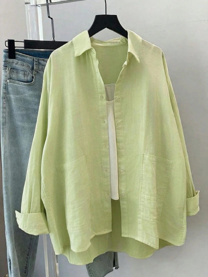 Women's Spring/Summer Solid Color Loose Casual Long Sleeve Shirt, Featuring Dropped Shoulder Design, Shirt Collar And Front Pocket, Woven Fabric For Casual Daily Look.