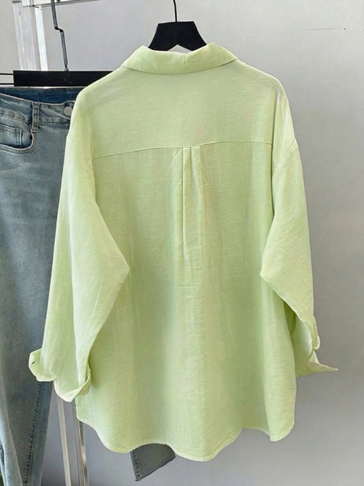 Women's Spring/Summer Solid Color Loose Casual Long Sleeve Shirt, Featuring Dropped Shoulder Design, Shirt Collar And Front Pocket, Woven Fabric For Casual Daily Look.